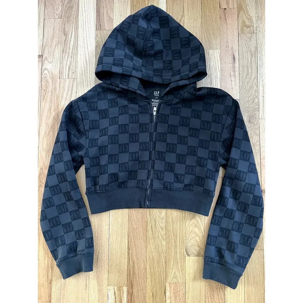 Gap Teen Black Checkerboard Logo Crop Zip Up Hooded Sweatshirt (size 14-16)